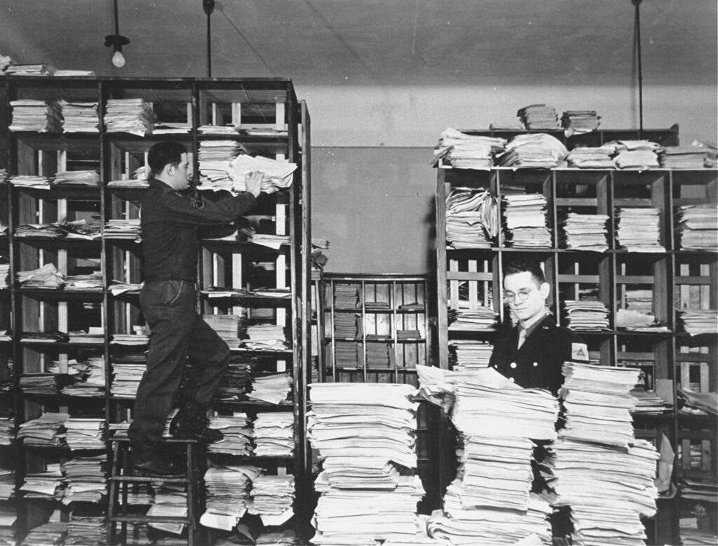 US Army soldiers working with evidence for the Nuremburg trials